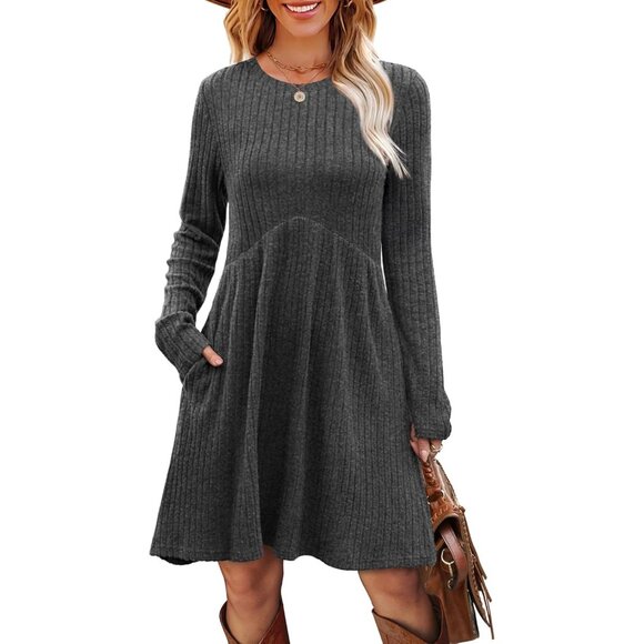 Ofeefan Women Grey Crew Neck Long Sleeve Empire Waist Dress with Pockets - Picture 3 of 5